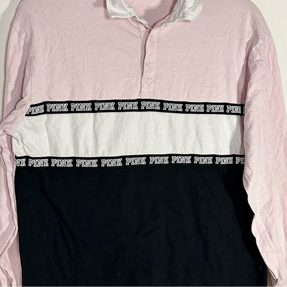 Victoria’s Secret PINK Rugby Shirt Long Sleeve Colorblock Pink w Black S Logo - Picture 2 of 12